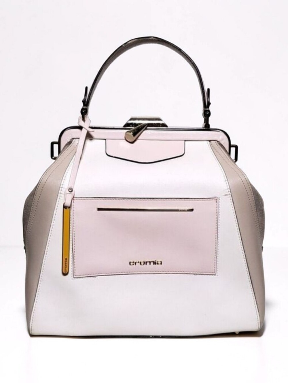 Cromia White Pink Coated Colorblock  Suede Textured Leather Satchel Womens